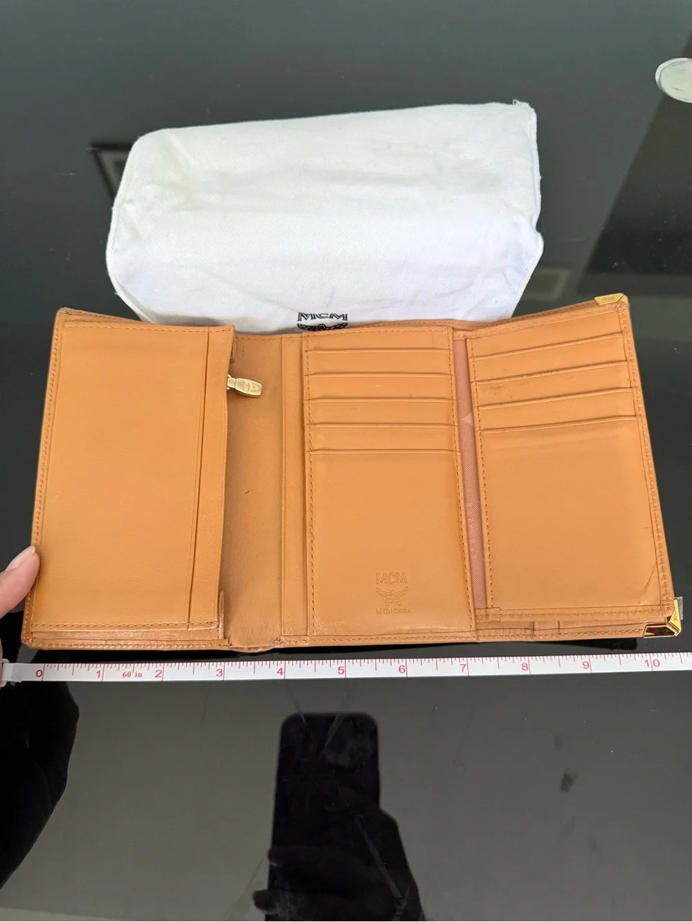 MCM Cognac Visetos Monogram Zip Wallet with Gold Plaque